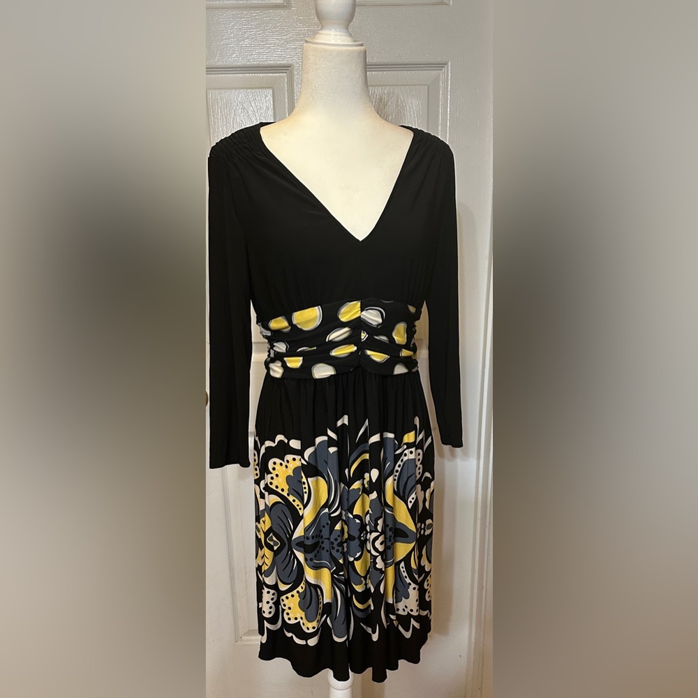 Nine West Dress  Knee Length Empire Long Sleeve Black Yellow Size 12